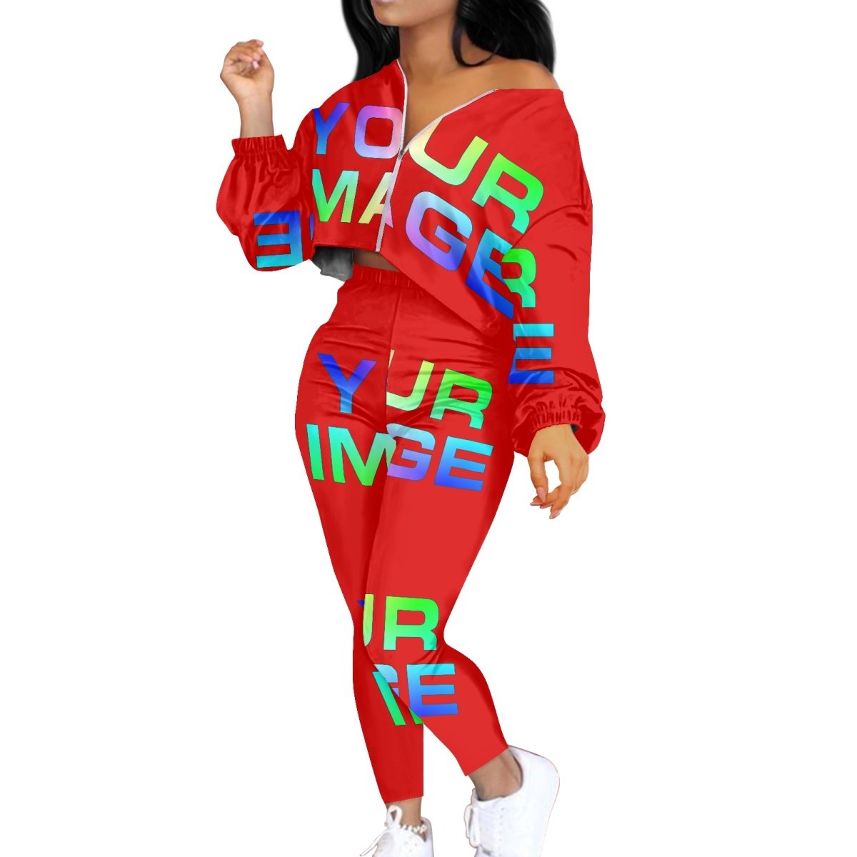 Clothing Fall 2023 Plus Size Women's Clothingcaizados Two-piece Suit Zipper Sportswear Print On Demand Long Sleeve Crop