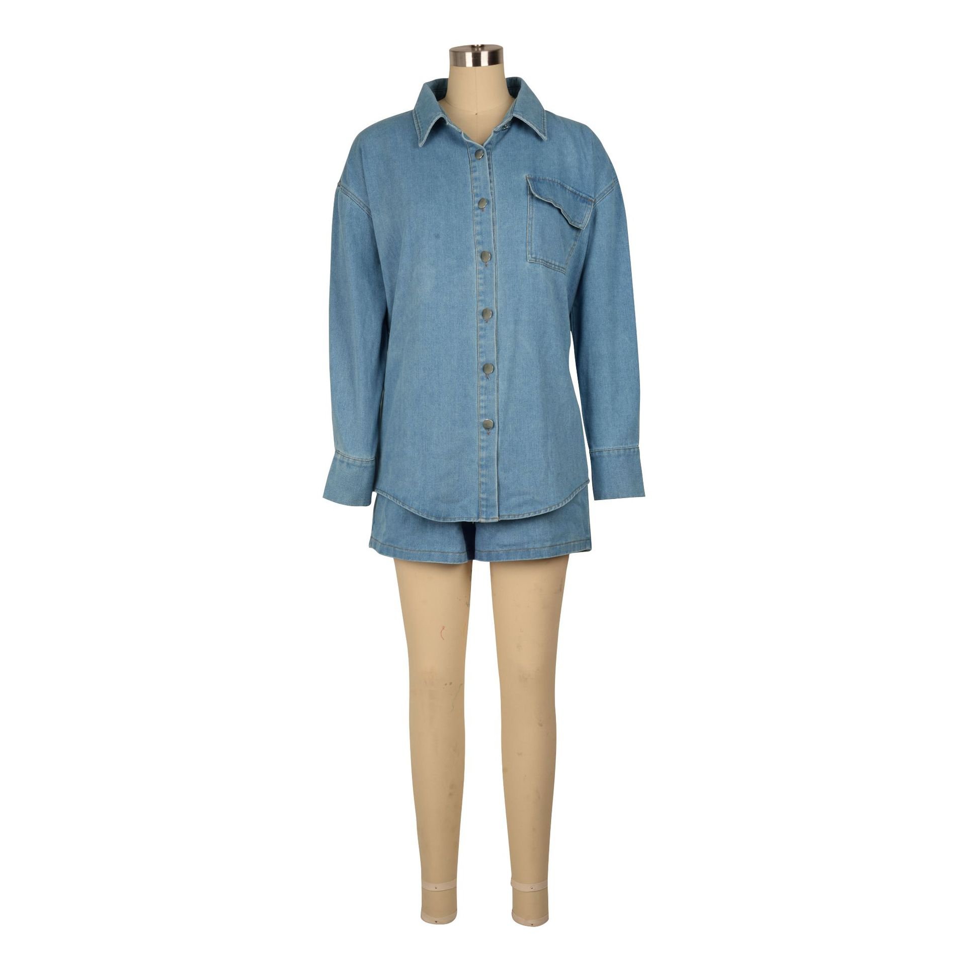 Two Piece Set Women Clothing None Stretch Women Denim Jacket and Shorts Two-Piece Set