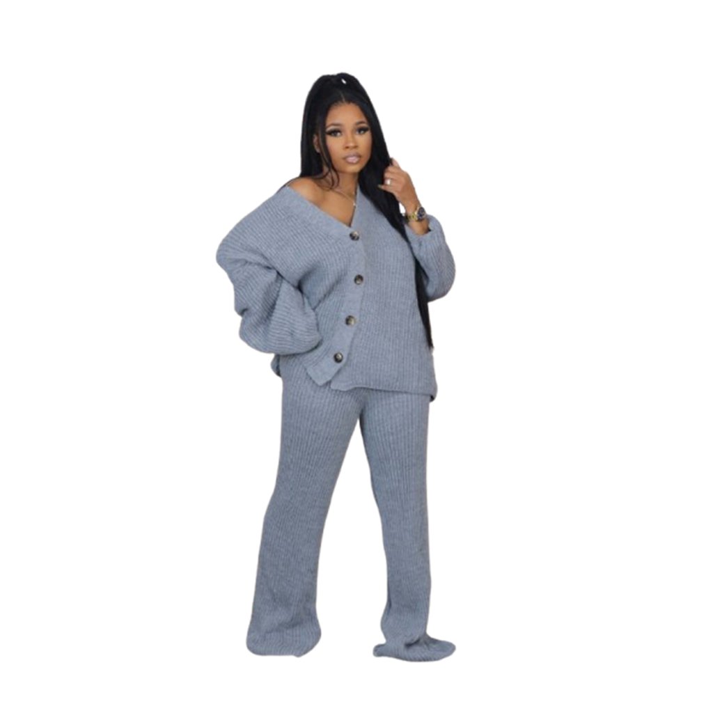 ZHEZHE Ladies Autumn Solid Color Sexy V-Neck Knitted Cardigan High Waist Stretch Wide-Leg Pants Casual 2 Piece Set Women'S Sets