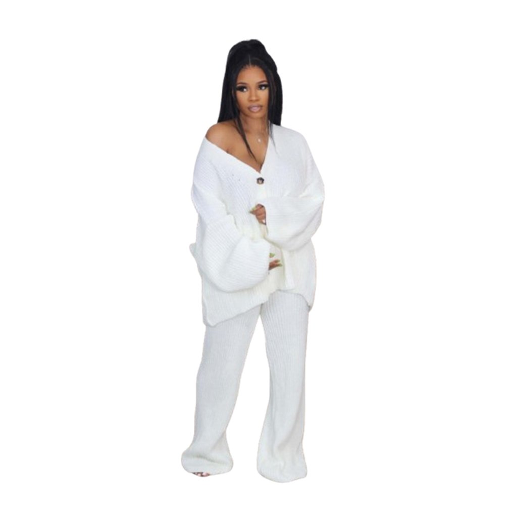 ZHEZHE Ladies Autumn Solid Color Sexy V-Neck Knitted Cardigan High Waist Stretch Wide-Leg Pants Casual 2 Piece Set Women'S Sets
