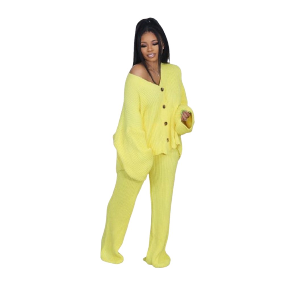 ZHEZHE Ladies Autumn Solid Color Sexy V-Neck Knitted Cardigan High Waist Stretch Wide-Leg Pants Casual 2 Piece Set Women'S Sets