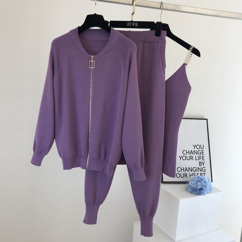 New Autumn Winter Elegant Stretch Zipper Cardigans + Knitted Vest + Pants 3 Piece Suit Fashion Women's Tracksuit Clothes Set