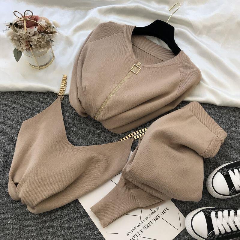 New Autumn Winter Elegant Stretch Zipper Cardigans + Knitted Vest + Pants 3 Piece Suit Fashion Women's Tracksuit Clothes Set