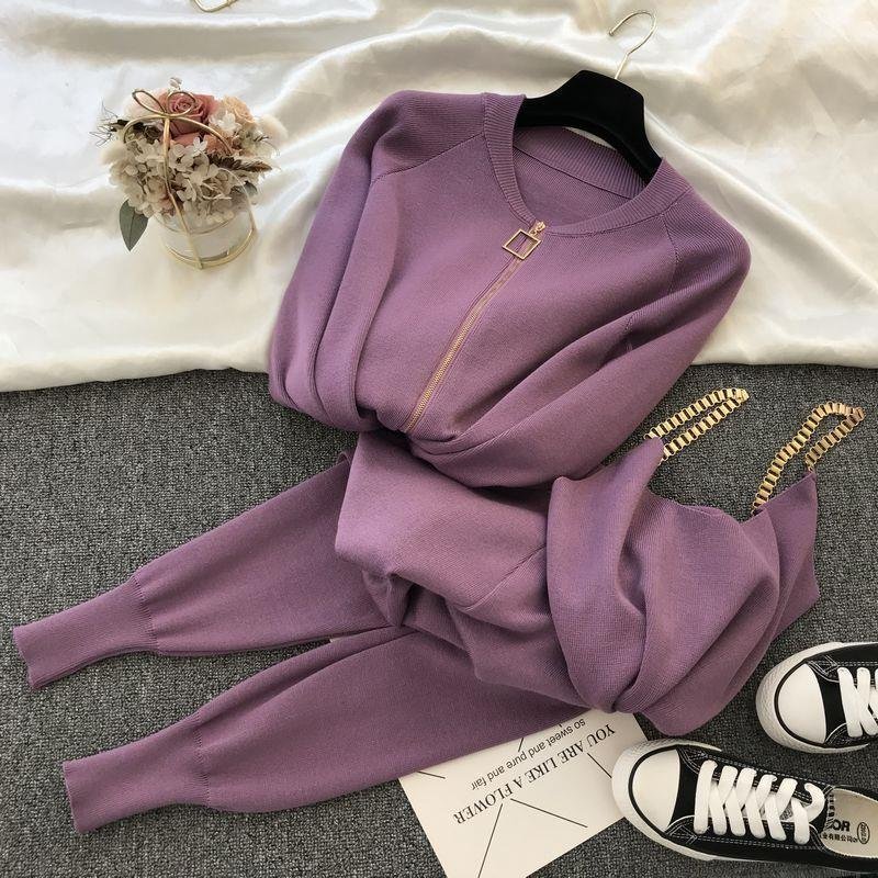 New Autumn Winter Elegant Stretch Zipper Cardigans + Knitted Vest + Pants 3 Piece Suit Fashion Women's Tracksuit Clothes Set