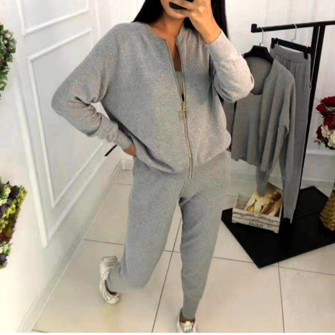New Autumn Winter Elegant Stretch Zipper Cardigans + Knitted Vest + Pants 3 Piece Suit Fashion Women's Tracksuit Clothes Set