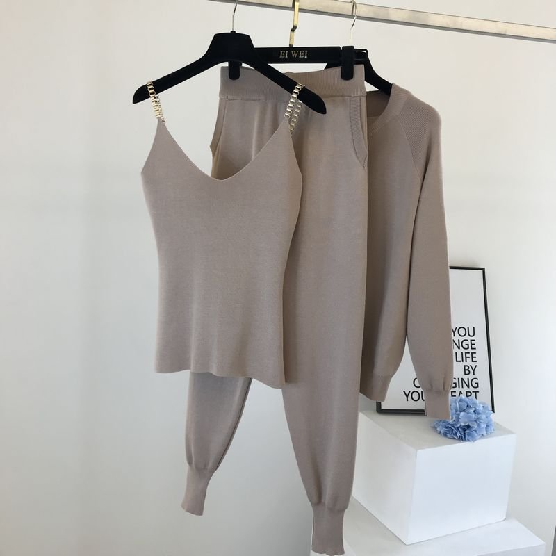 New Autumn Winter Elegant Stretch Zipper Cardigans + Knitted Vest + Pants 3 Piece Suit Fashion Women's Tracksuit Clothes Set