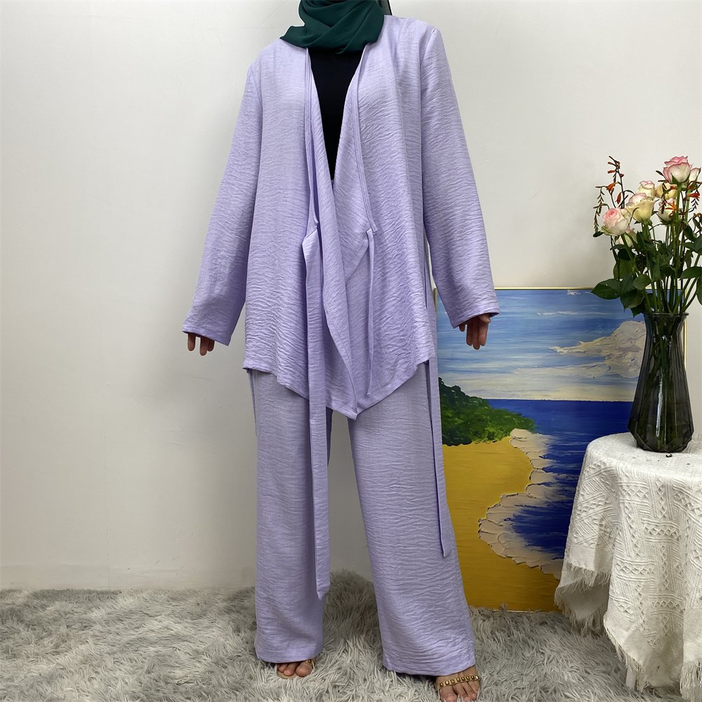 2025 New Soft Linen Women's Fashion Two Piece Set with Wrap Belt Kimono Blouse Match Elastic Waist Pocket Pants Modest Abaya Set