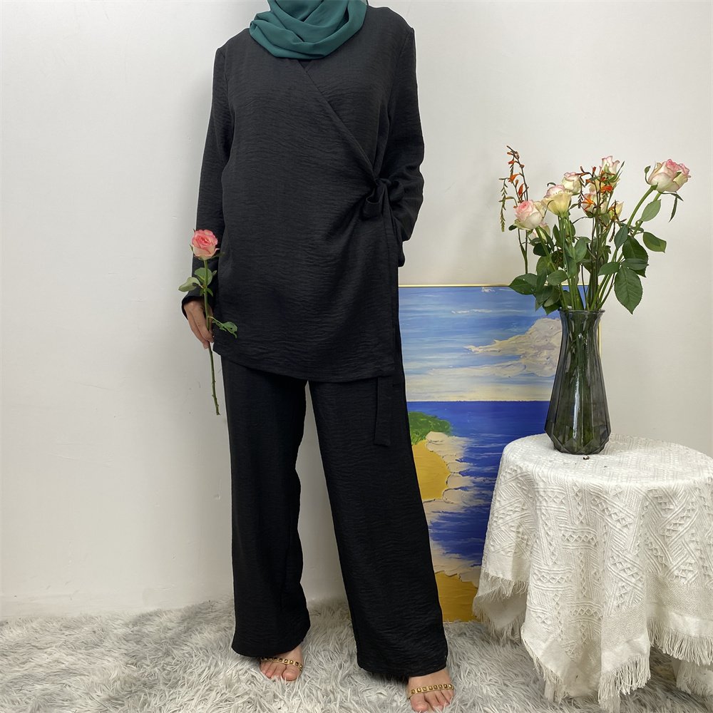 2025 New Soft Linen Women's Fashion Two Piece Set with Wrap Belt Kimono Blouse Match Elastic Waist Pocket Pants Modest Abaya Set
