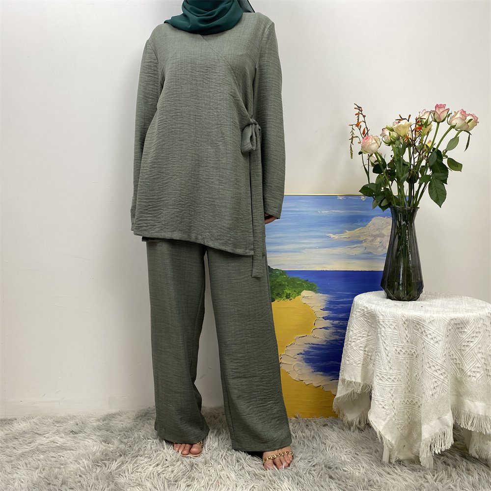 2025 New Soft Linen Women's Fashion Two Piece Set with Wrap Belt Kimono Blouse Match Elastic Waist Pocket Pants Modest Abaya Set