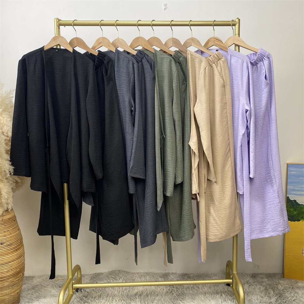 2025 New Soft Linen Women's Fashion Two Piece Set with Wrap Belt Kimono Blouse Match Elastic Waist Pocket Pants Modest Abaya Set