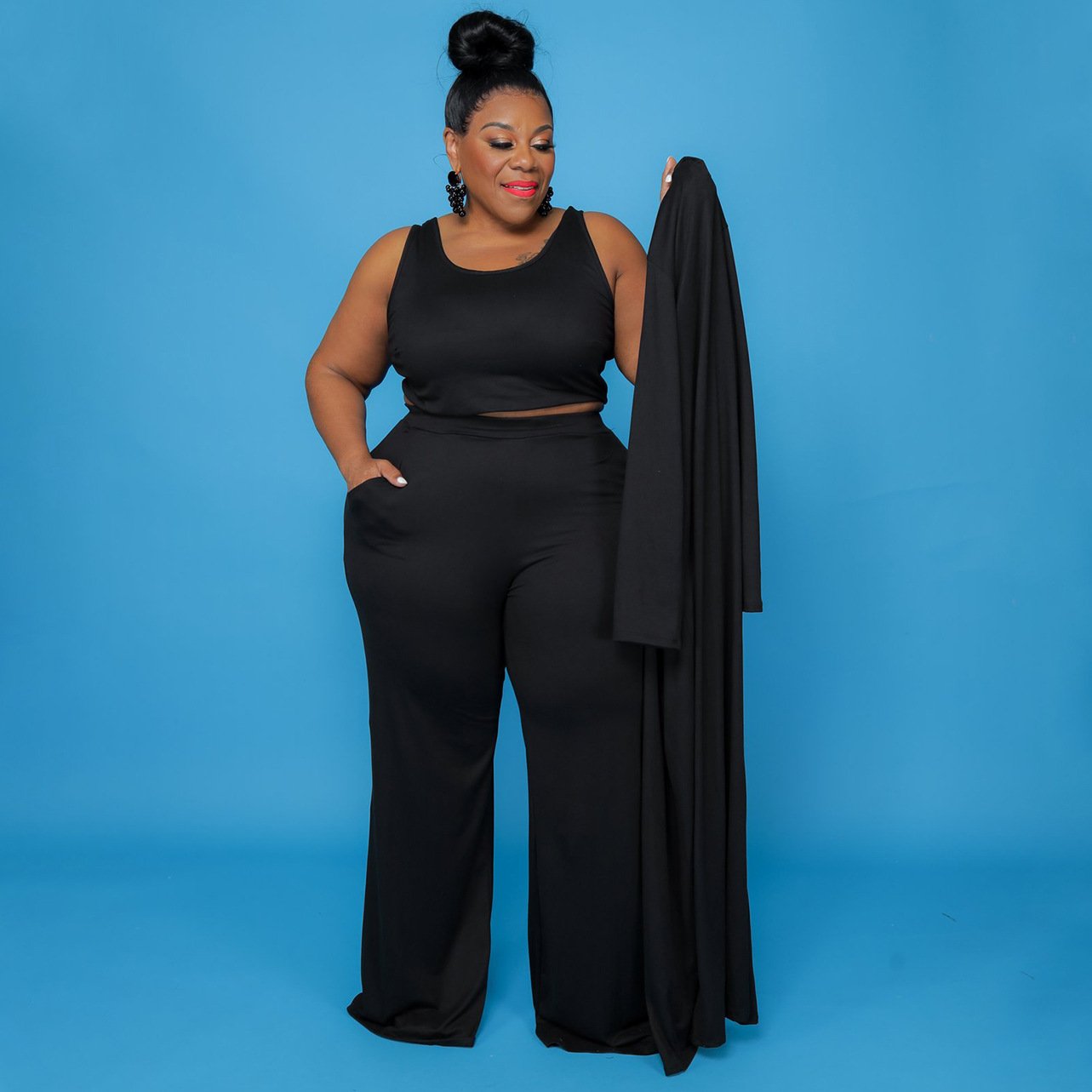 Hot Selling Products 2024 Stylish Fashion Casual Solid Color Plus Size Women Clothing 3 Piece Sets
