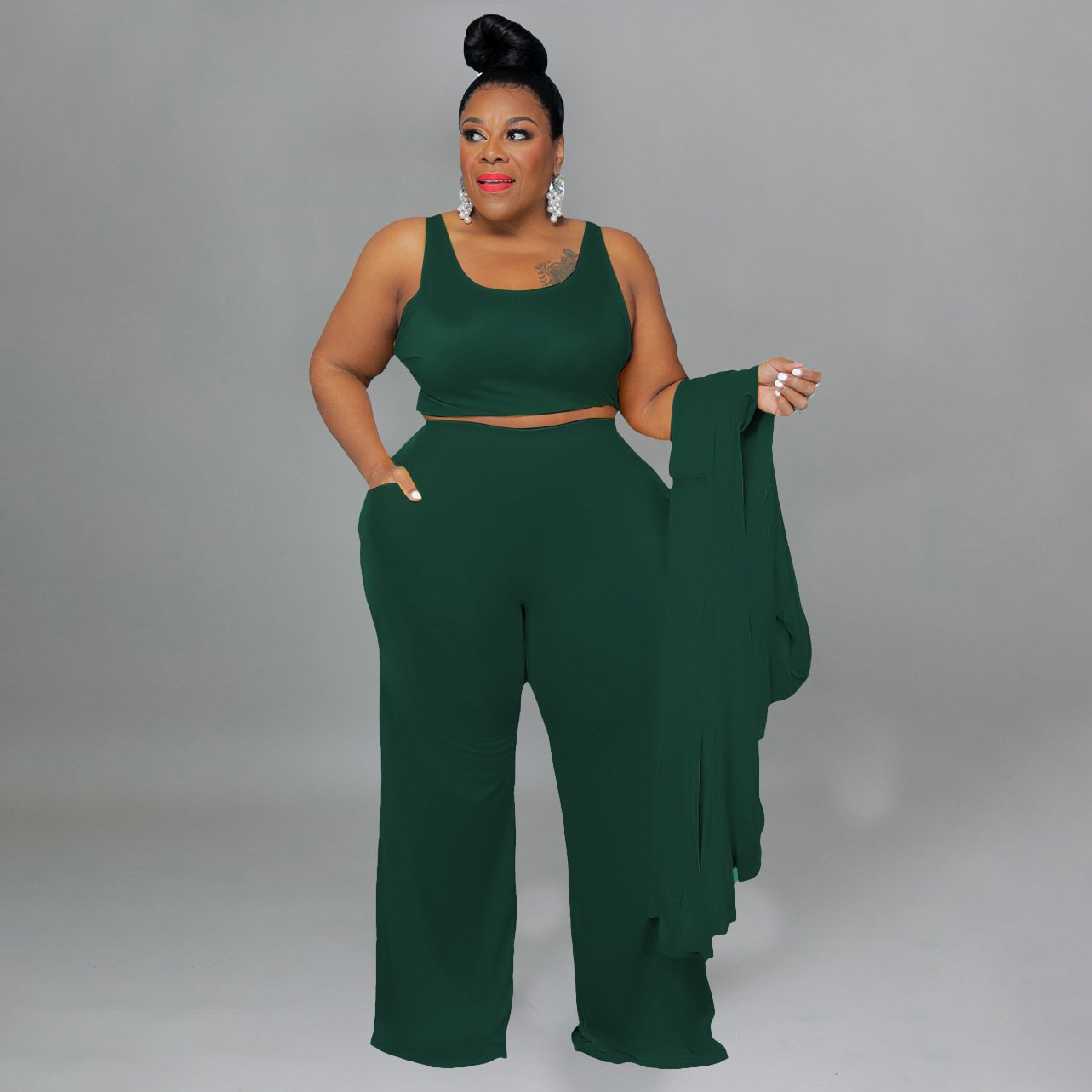 Hot Selling Products 2024 Stylish Fashion Casual Solid Color Plus Size Women Clothing 3 Piece Sets