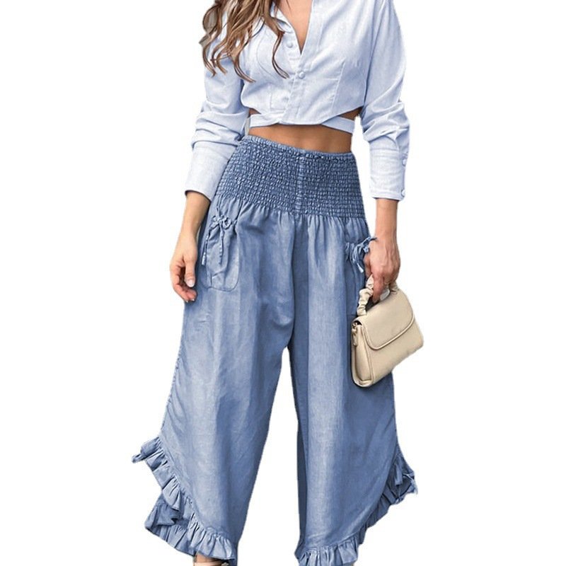 Boutique Wholesale 2024 Autumn New Fashionable Solid Color V-neck Long Sleeve Shirt High Waist Pants Women's Set