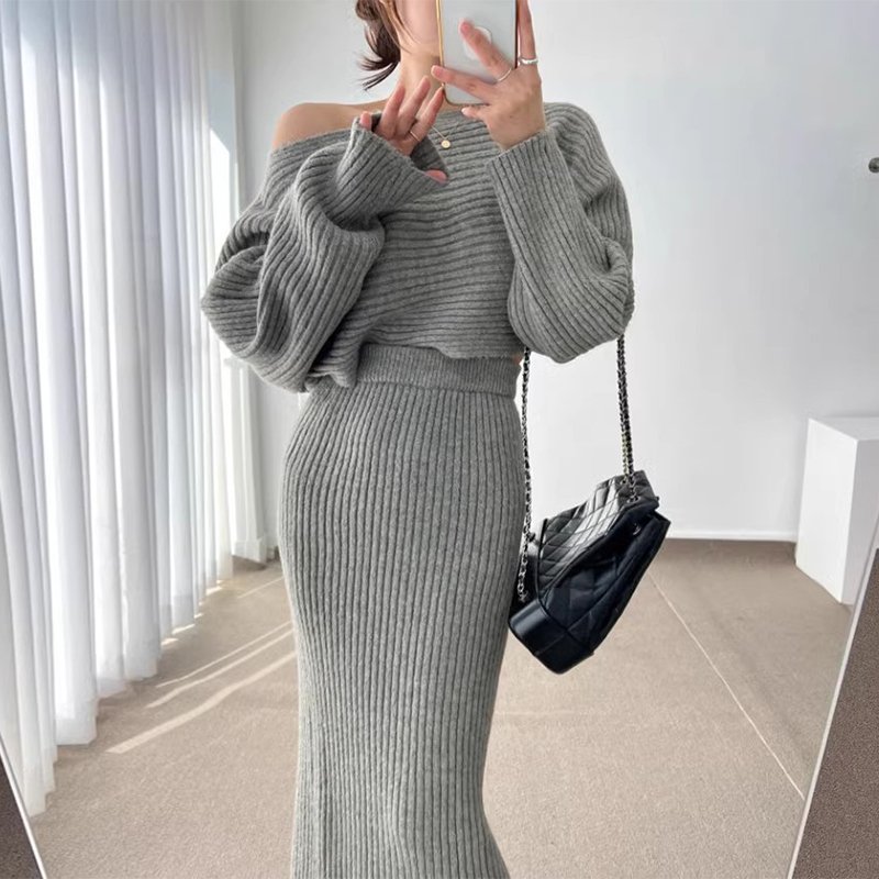 Boutique Wholesale 2024 Autumn New Elegant Style Long Sleeve Knitted Sweater High Waist Bag Hip Skirt Women's Set