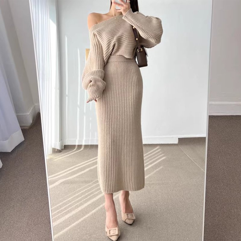 Boutique Wholesale 2024 Autumn New Elegant Style Long Sleeve Knitted Sweater High Waist Bag Hip Skirt Women's Set