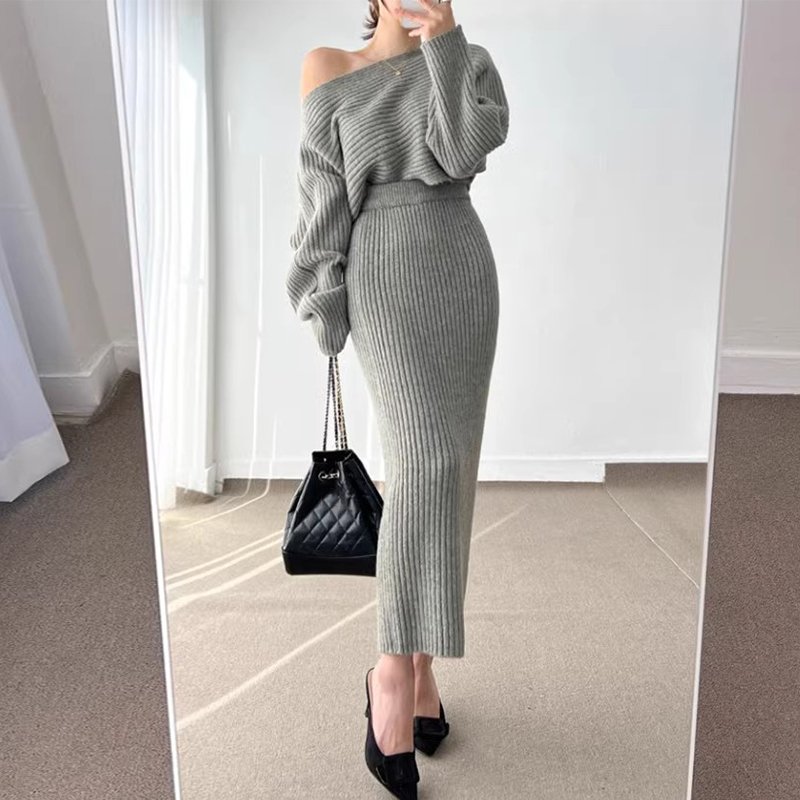 Boutique Wholesale 2024 Autumn New Elegant Style Long Sleeve Knitted Sweater High Waist Bag Hip Skirt Women's Set