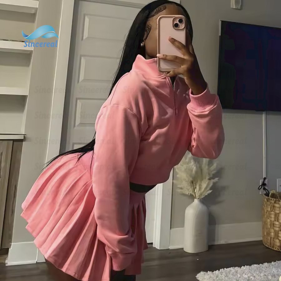 Custom Matching Outfit Quarter Zip Sweatshirts Mini Skort Pleated Skirt And crop Top hoodie 2 Piece Set For Women