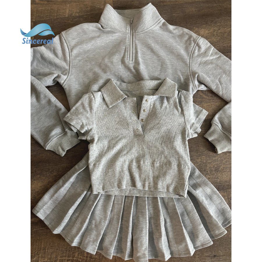 Custom Matching Outfit Quarter Zip Sweatshirts Mini Skort Pleated Skirt And crop Top hoodie 2 Piece Set For Women