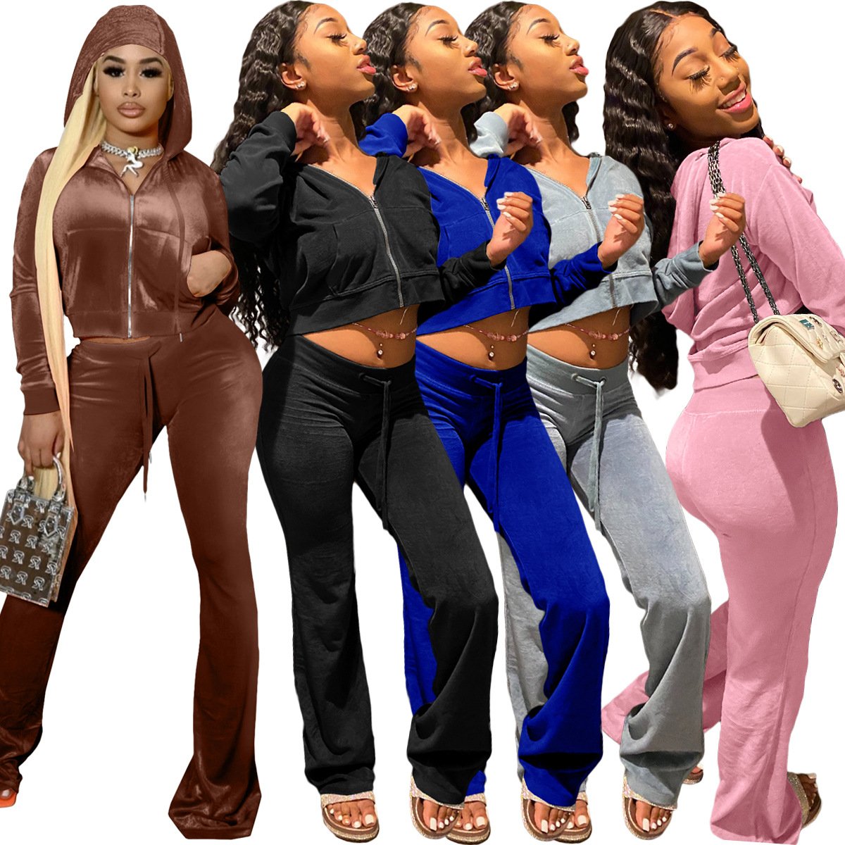 2024 fall velour tracksuit custom rhinestone logo crop full zipper long sleeve two piece sweatsuit pants set velvet women's set