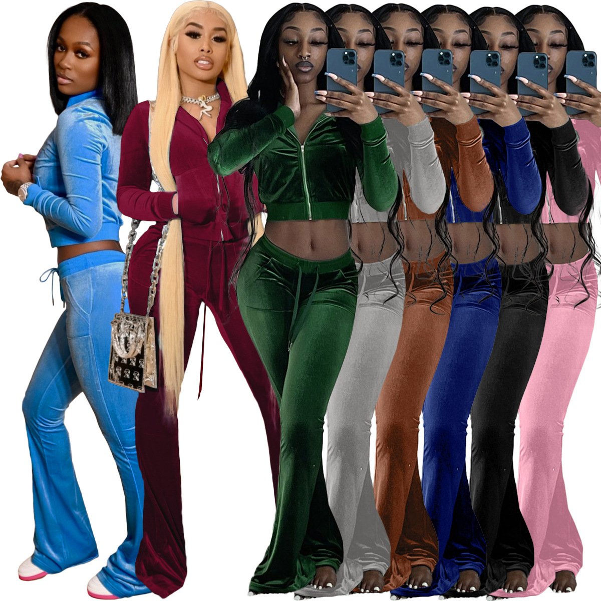 2024 fall velour tracksuit custom rhinestone logo crop full zipper long sleeve two piece sweatsuit pants set velvet women's set