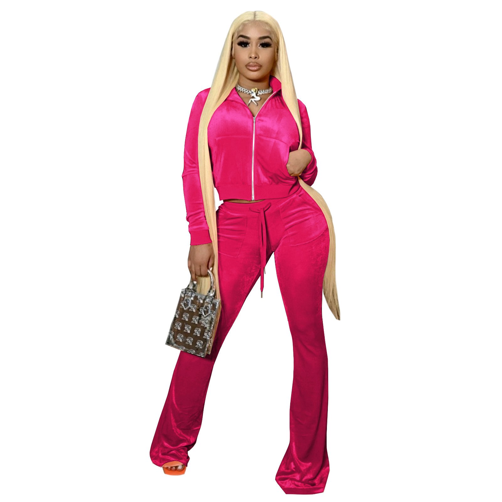 2024 fall velour tracksuit custom rhinestone logo crop full zipper long sleeve two piece sweatsuit pants set velvet women's set