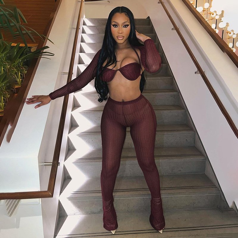 2 Piece Set Fall 2024 Women Clothes Fashion Sexy Outfits Mesh Crop Tops And High Waist Pants Set Knitted Club Womens Clothing
