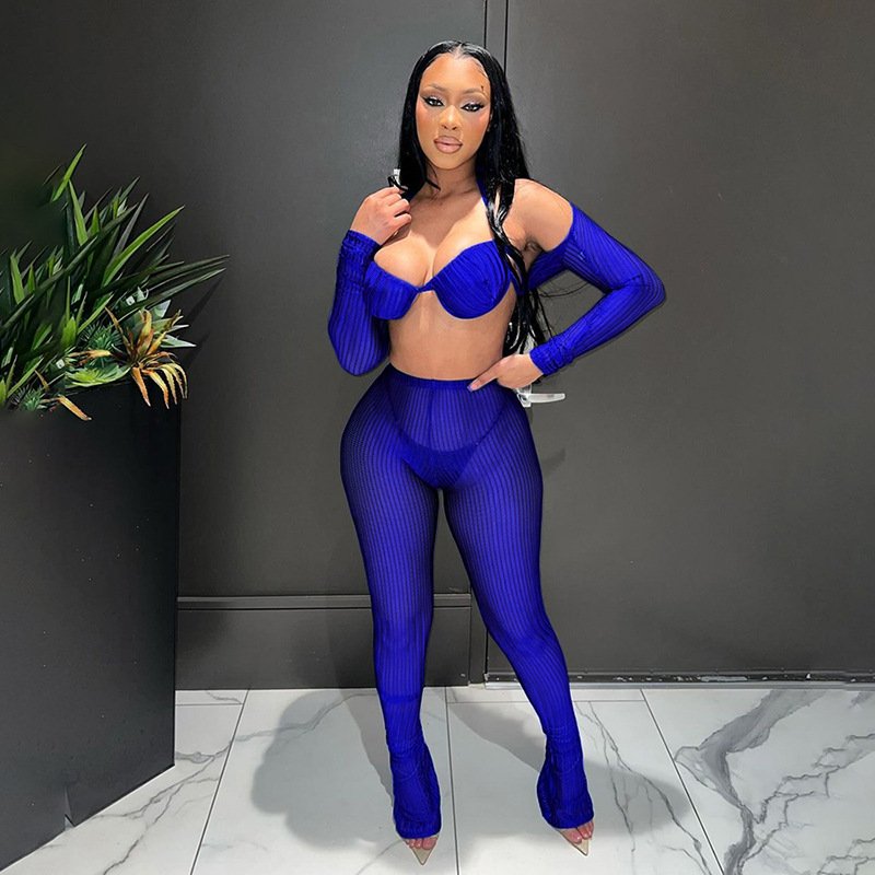 2 Piece Set Fall 2024 Women Clothes Fashion Sexy Outfits Mesh Crop Tops And High Waist Pants Set Knitted Club Womens Clothing