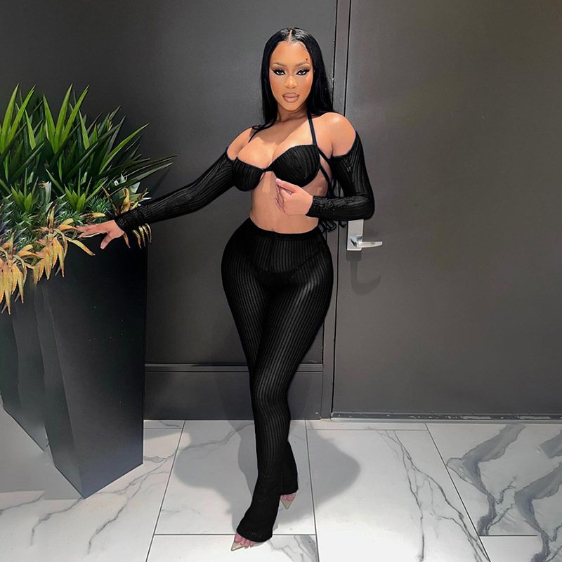 2 Piece Set Fall 2024 Women Clothes Fashion Sexy Outfits Mesh Crop Tops And High Waist Pants Set Knitted Club Womens Clothing