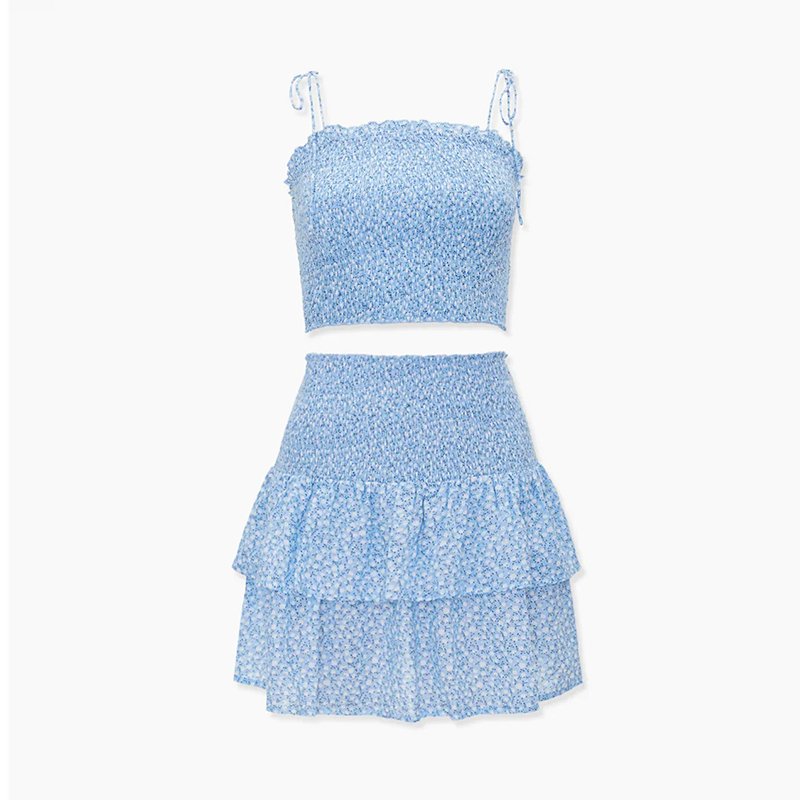 Women's Floral Plaid Cami Top And Mini Tiered Skirt Set Strapless Sweet Summer Style Dress