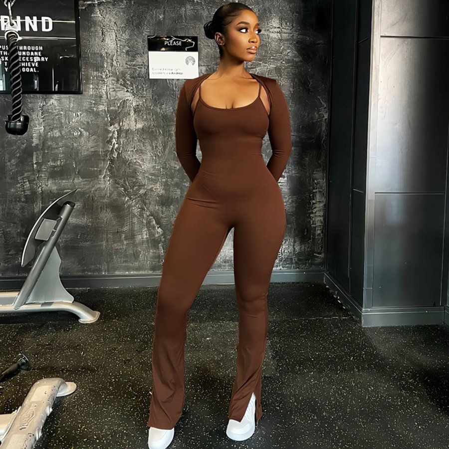 Kliou K24S55556 autumn skinny 2 piece set women solid casual ladies jumpsuits pants women's set
