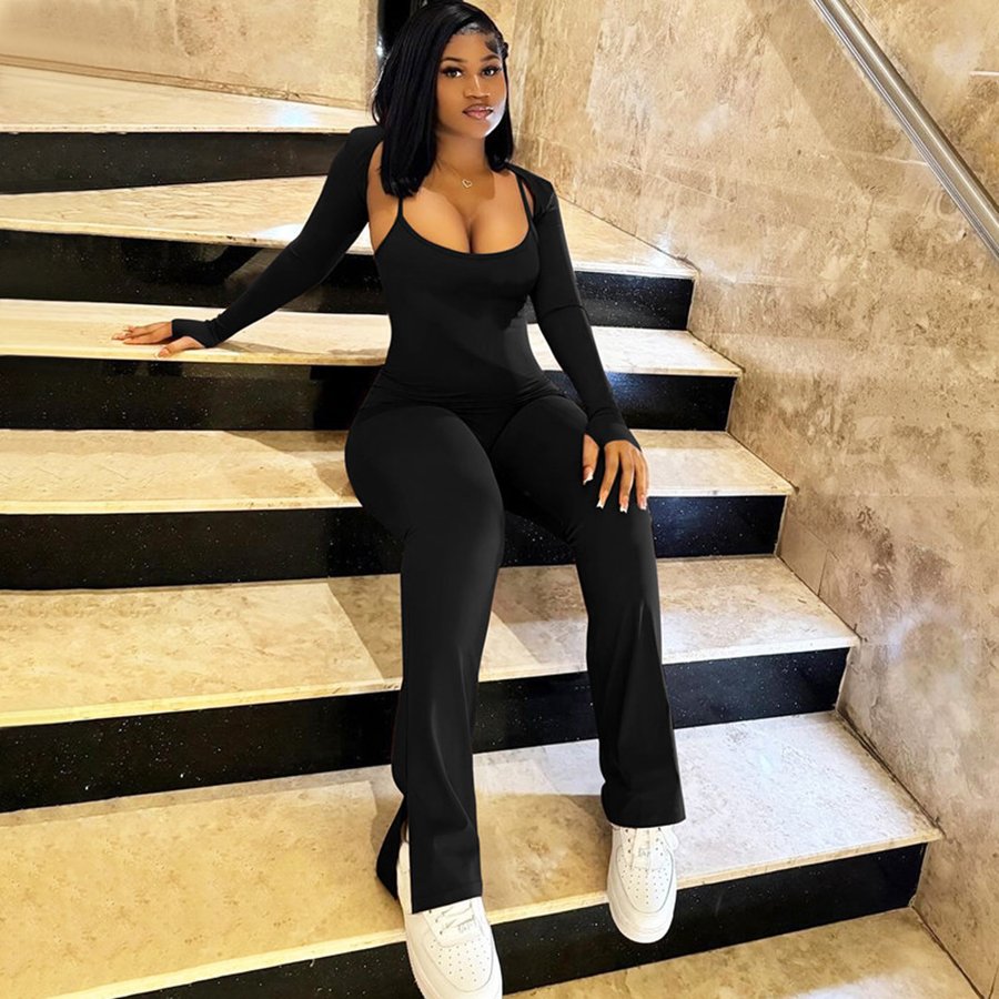 Kliou K24S55556 autumn skinny 2 piece set women solid casual ladies jumpsuits pants women's set