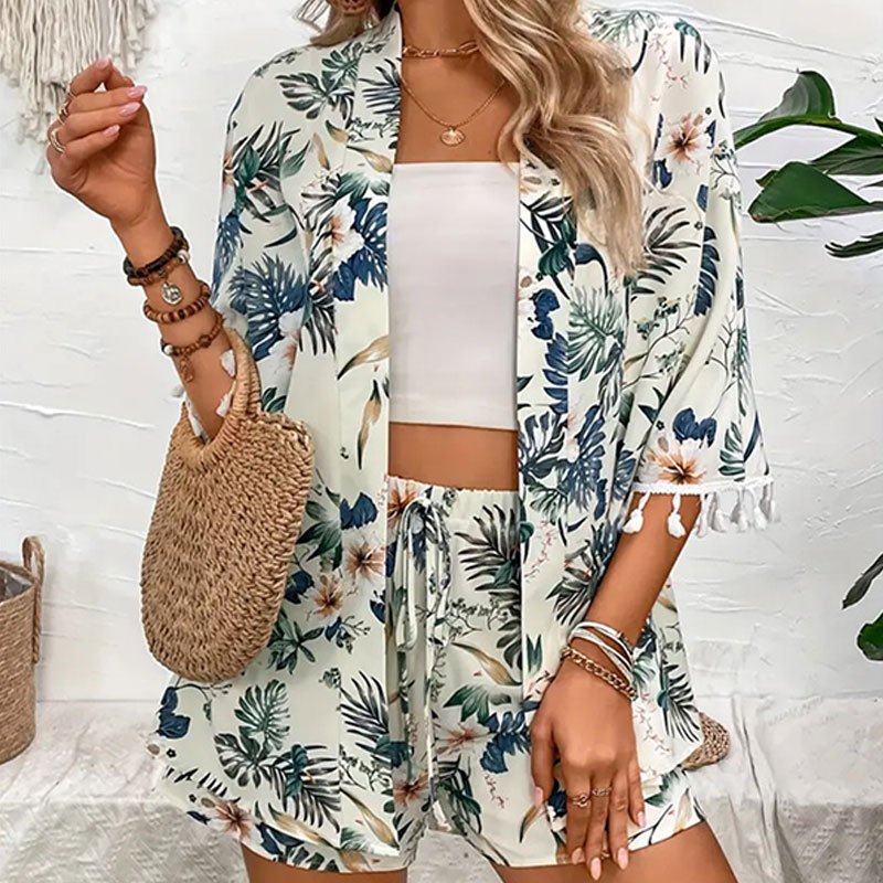 Plants Print Vacation Women's Set Half Sleeve Tassel Trim Cover Up Top and Elastic Waist Knotted Beach Shorts two pieces sets