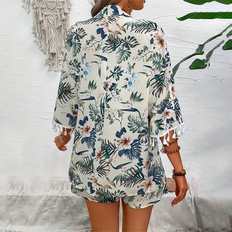 Plants Print Vacation Women's Set Half Sleeve Tassel Trim Cover Up Top and Elastic Waist Knotted Beach Shorts two pieces sets