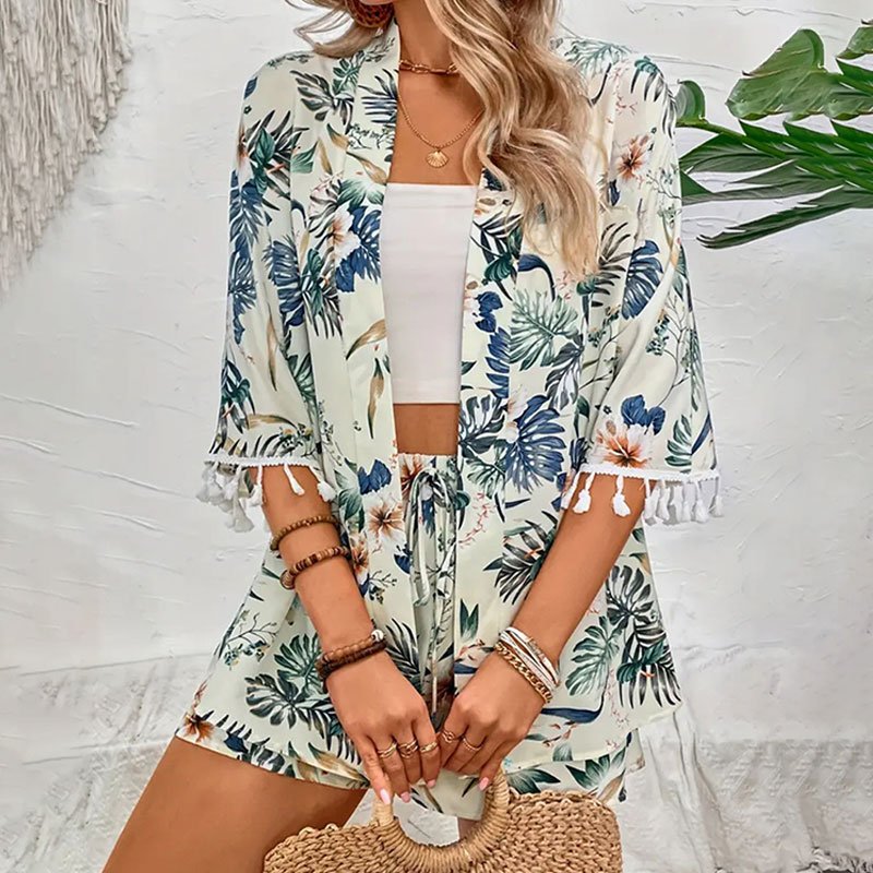 Plants Print Vacation Women's Set Half Sleeve Tassel Trim Cover Up Top and Elastic Waist Knotted Beach Shorts two pieces sets