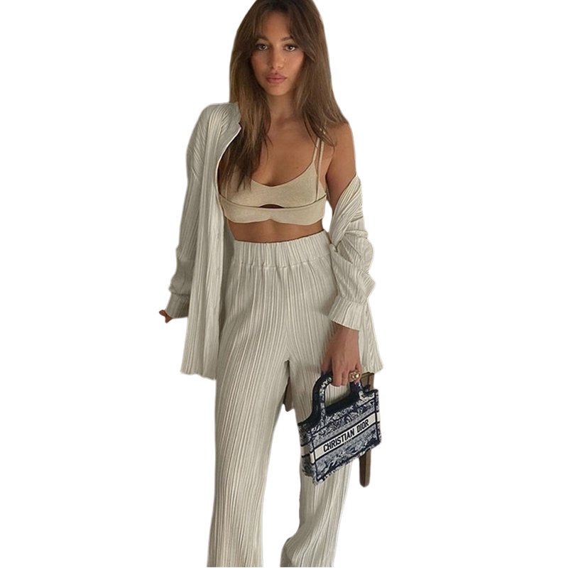 Autumn ladies popular Miyake pleated two-piece cardigan top trouser set women's 2-piece set