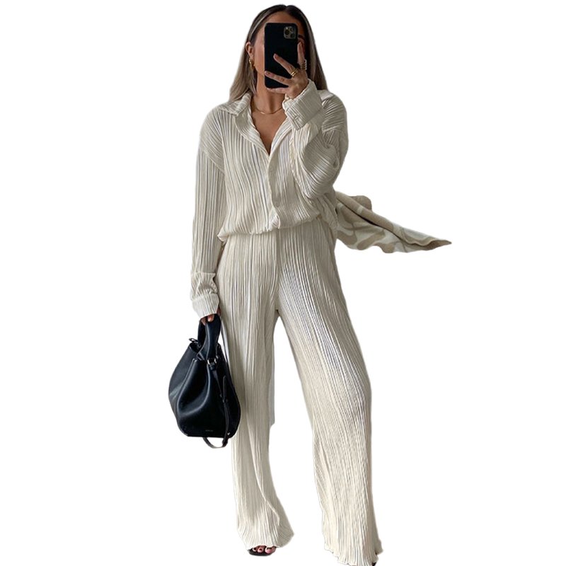 Autumn ladies popular Miyake pleated two-piece cardigan top trouser set women's 2-piece set