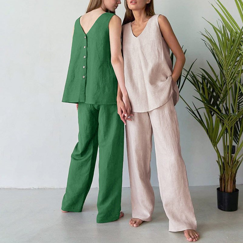 2024New arrival Cotton linen V neck sleeveless shirt wide leg trousers suits linen and cotton women's clothing set for ladies