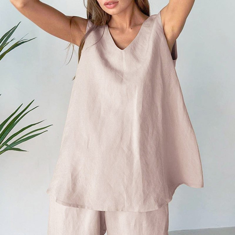 2024New arrival Cotton linen V neck sleeveless shirt wide leg trousers suits linen and cotton women's clothing set for ladies