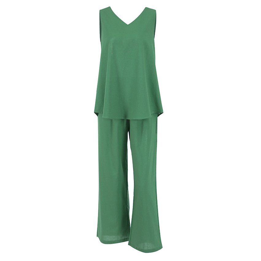 2024New arrival Cotton linen V neck sleeveless shirt wide leg trousers suits linen and cotton women's clothing set for ladies