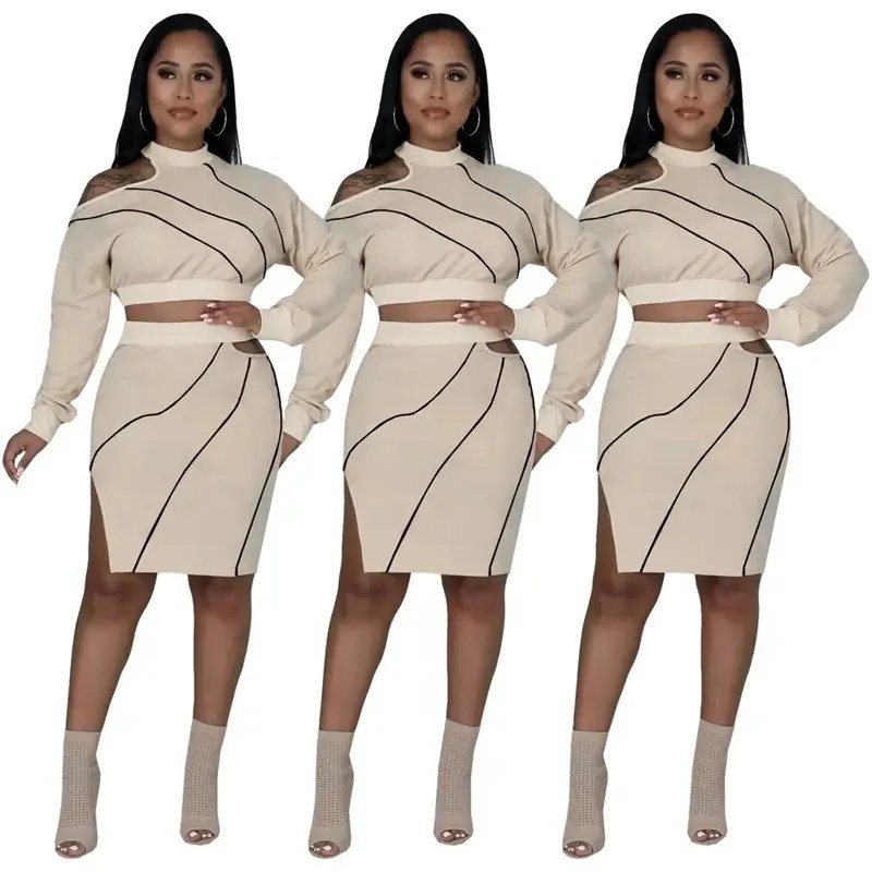 women's clothing nightclub Anti-stitching Thread hollow split round-neck two-piece set for women suits