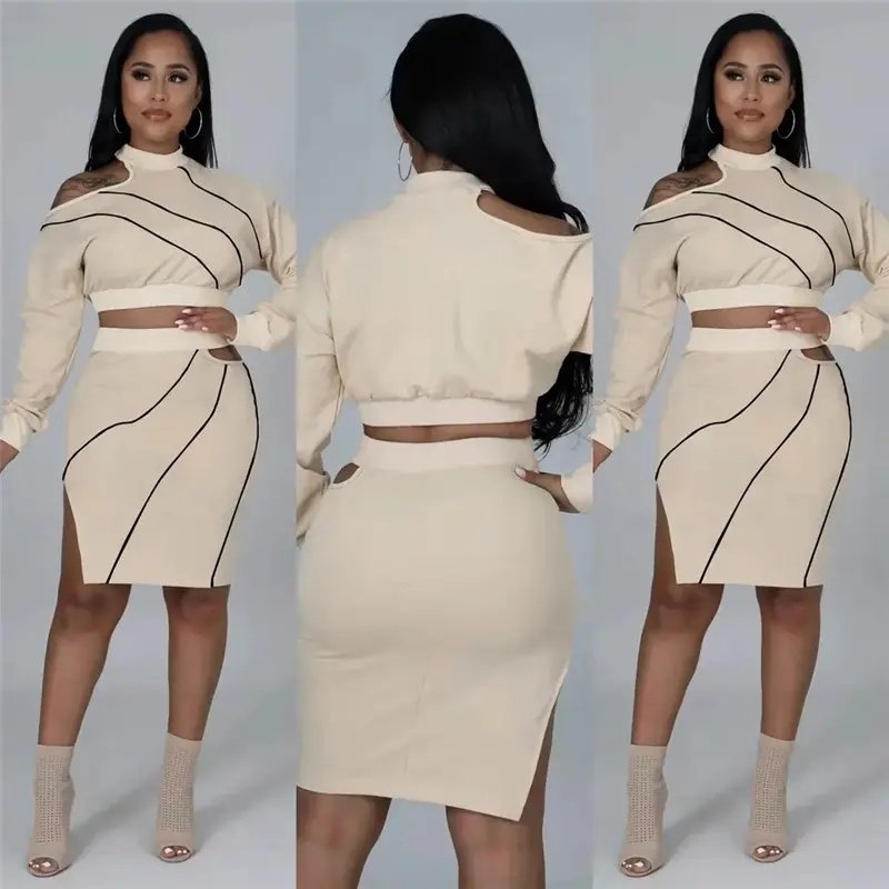 women's clothing nightclub Anti-stitching Thread hollow split round-neck two-piece set for women suits