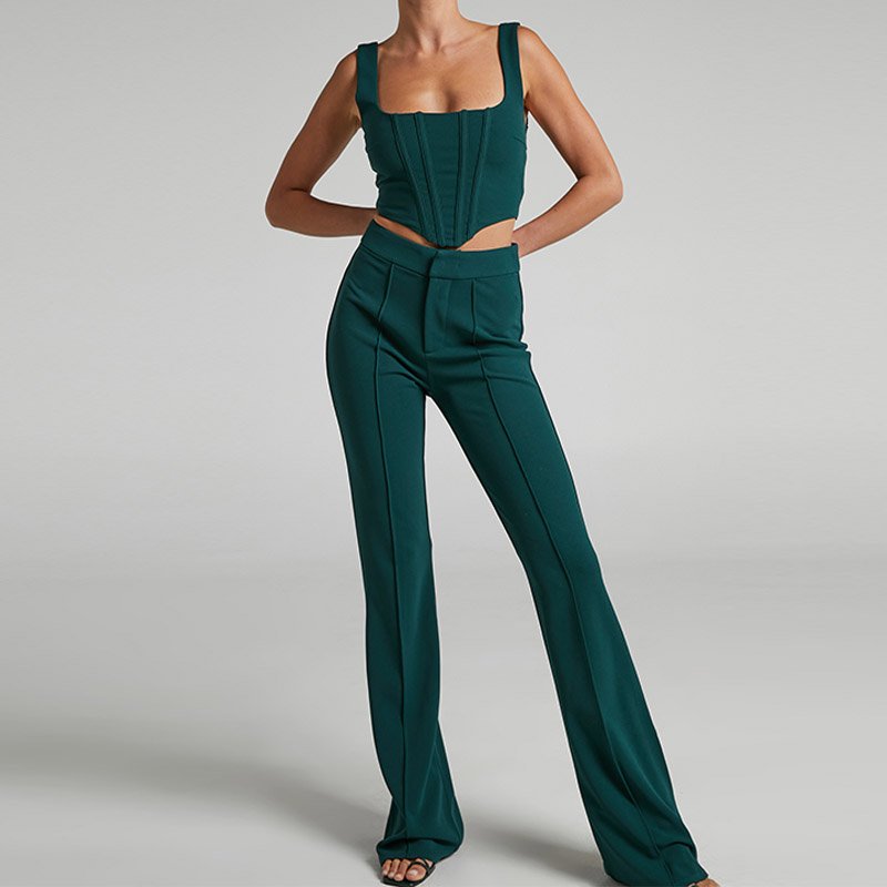 Women's sleeveless corset crop top and long pants trousers 2 piece set