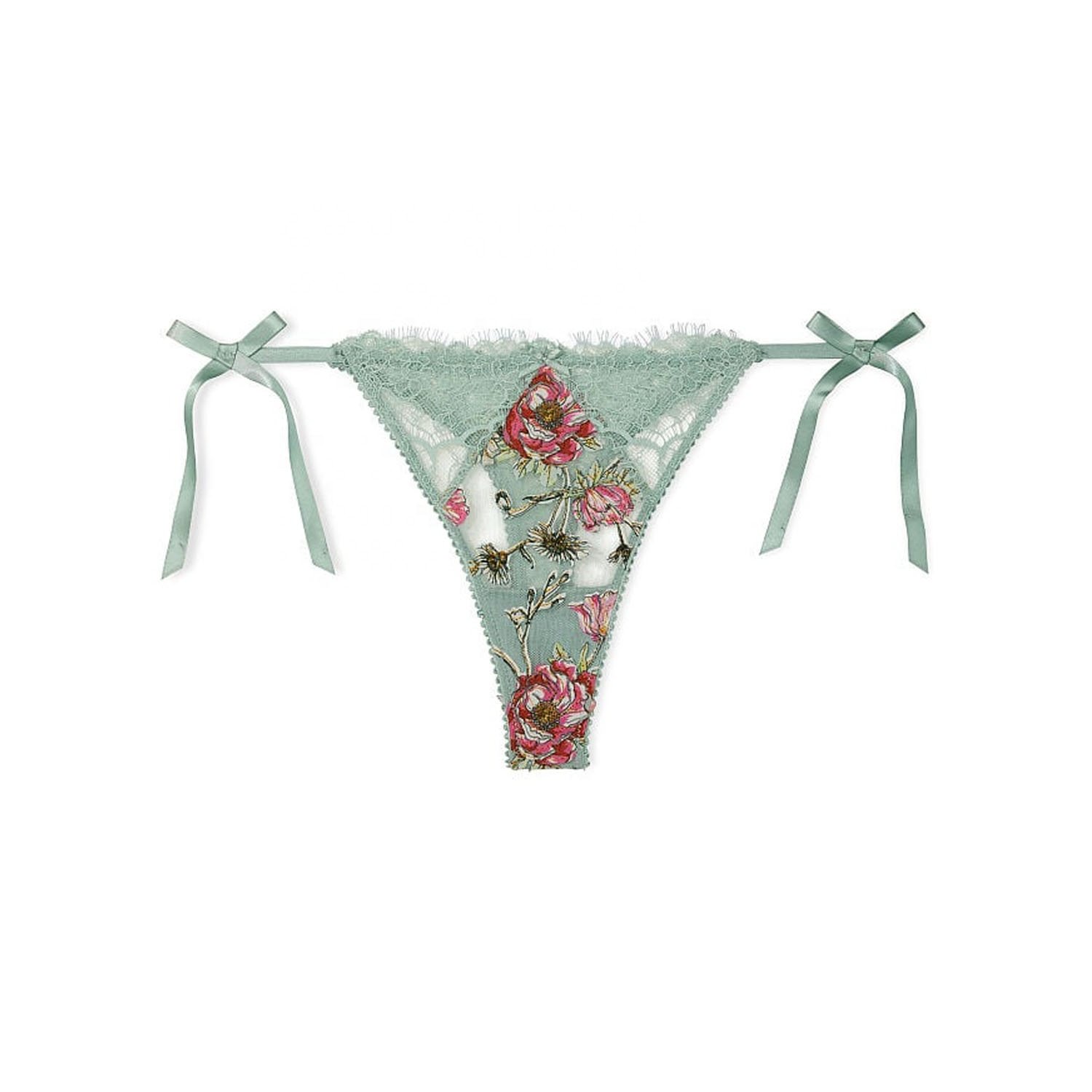 Factory Made OEM Floral Embroidery Bralette Bra with Side-Tie Sexy Thong Panty for Womens Lace Bra Set