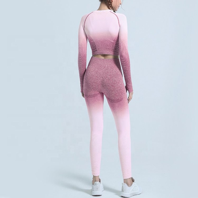 2023 Women's Gym Workout Clothing 2 pcs Gradient Yoga Wear Long sleeve Crop top thumb hole Jacquard color change leggings set