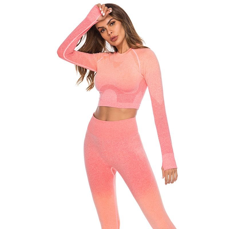 2023 Women's Gym Workout Clothing 2 pcs Gradient Yoga Wear Long sleeve Crop top thumb hole Jacquard color change leggings set