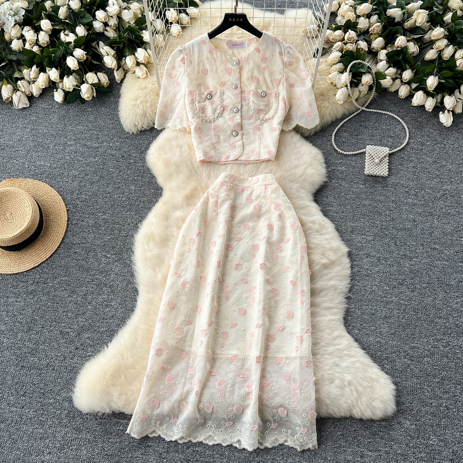 Women French Round Neck Bubble Sleeve Short Embroidered Top High Waisted Skirt Two Piece Set