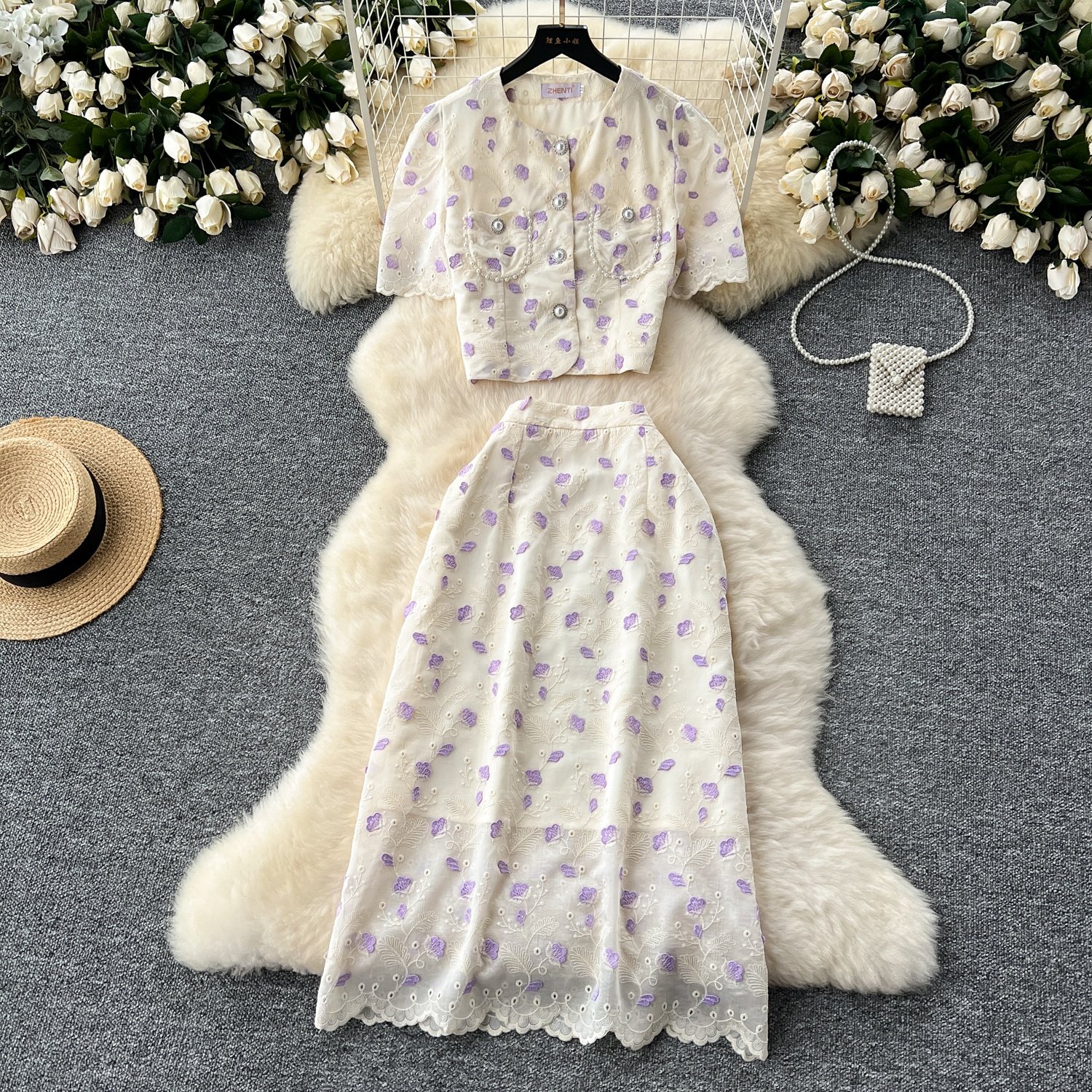 Women French Round Neck Bubble Sleeve Short Embroidered Top High Waisted Skirt Two Piece Set