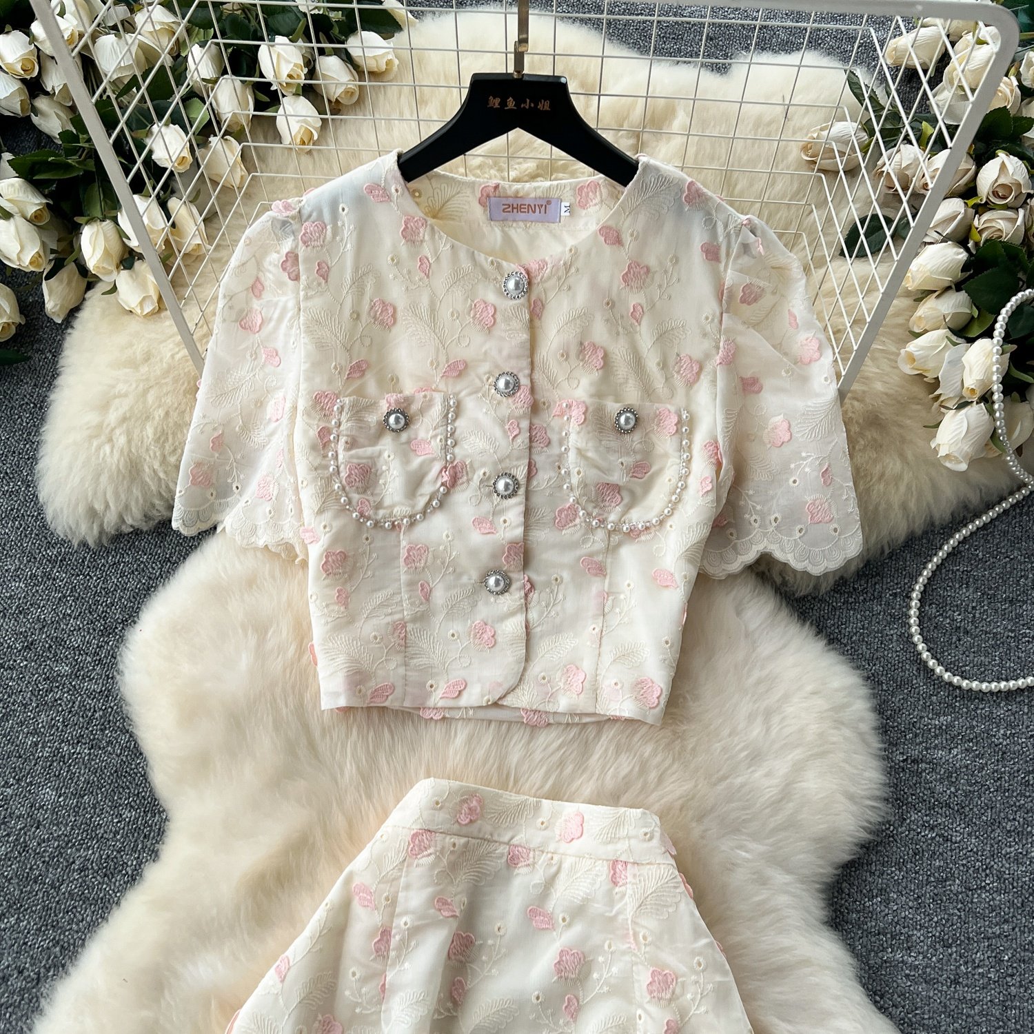 Women French Round Neck Bubble Sleeve Short Embroidered Top High Waisted Skirt Two Piece Set