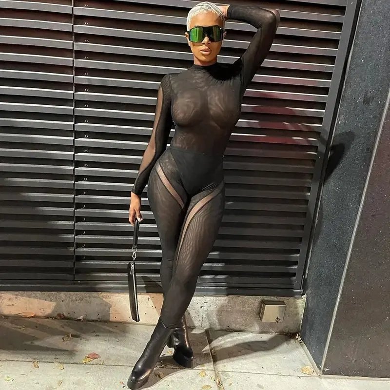 New arrivals blouse women clothing 2023 sexy mesh stitching sheer long sleeve jumpsuit flared pants leisure suit