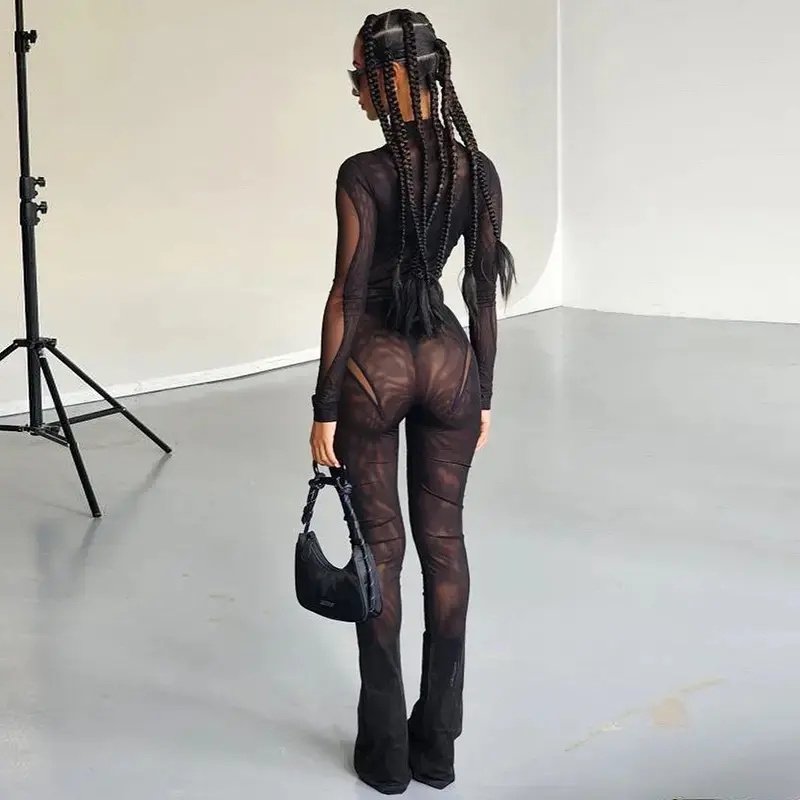 New arrivals blouse women clothing 2023 sexy mesh stitching sheer long sleeve jumpsuit flared pants leisure suit